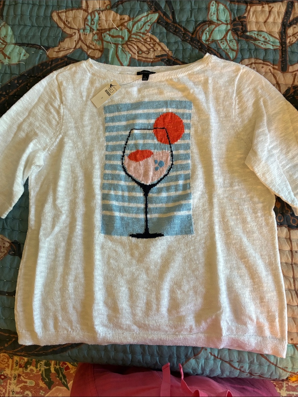 Talbots White Sweater with Blue, Pink and Orange Graphic